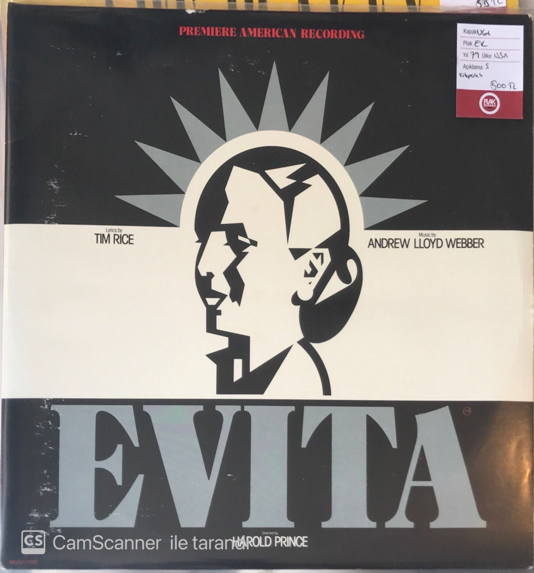 Andrew Llyod Webber Tim Rice Evita Premiere American Recording Double LP