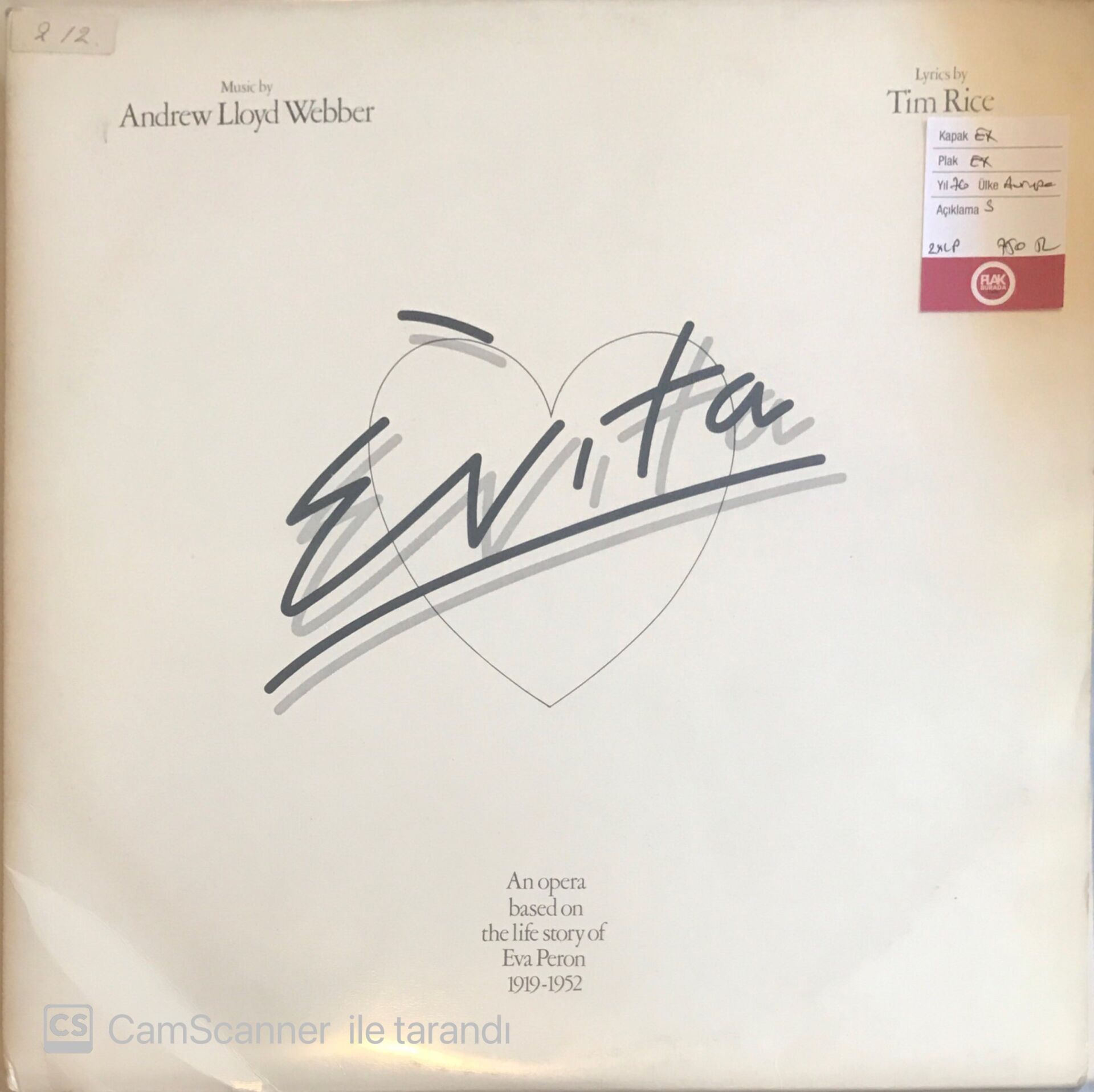 Andrew Llyod Webber Tim Rice Evita Premiere American Recording Double LP