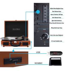 Record Master T317R-UB Pikap - Bluetooth + USBSD Bellek Girişli - Plak Temizleme Solüsyonu Hediyeli